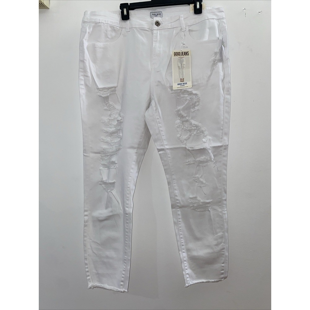 Gogo Jeans White Skinny High Rise Destroyed Fray Hem Size 22 New W Tags